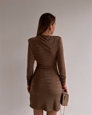 Vatkalı Pileli Sıfır Yaka Delinda Kadın Vizon Likralı Elbise 22K000511