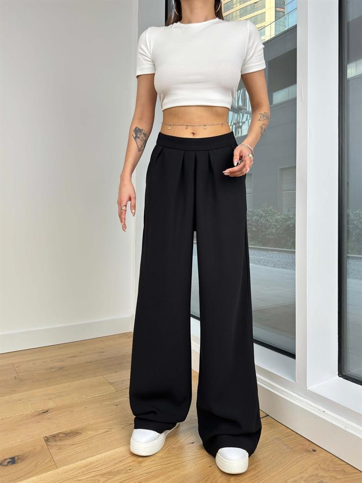 Yüksek Bel Delmer Kadın Siyah Palazzo Pantolon 24Y131