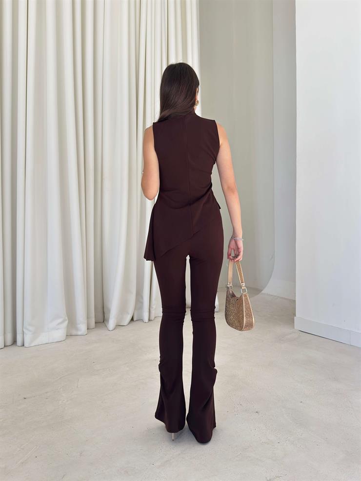 Asimetrik Kesim İspanyol Fırfırlı Paça Delrine Kahve Kadın İkili Takım 26K288