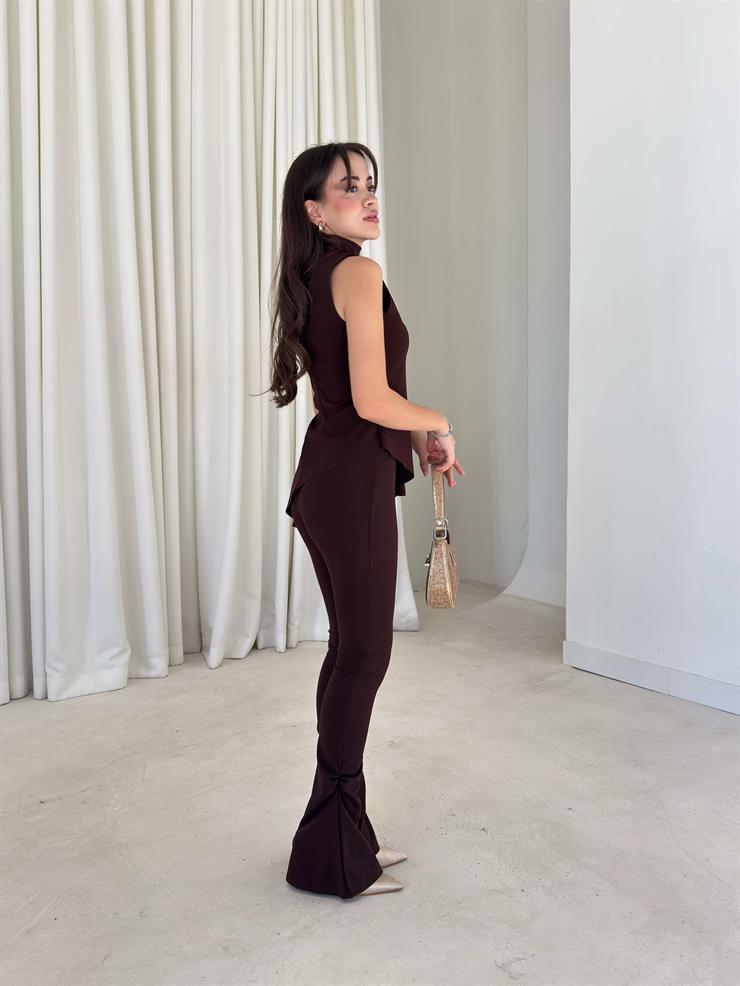 Asimetrik Kesim İspanyol Fırfırlı Paça Delrine Kahve Kadın İkili Takım 26K288