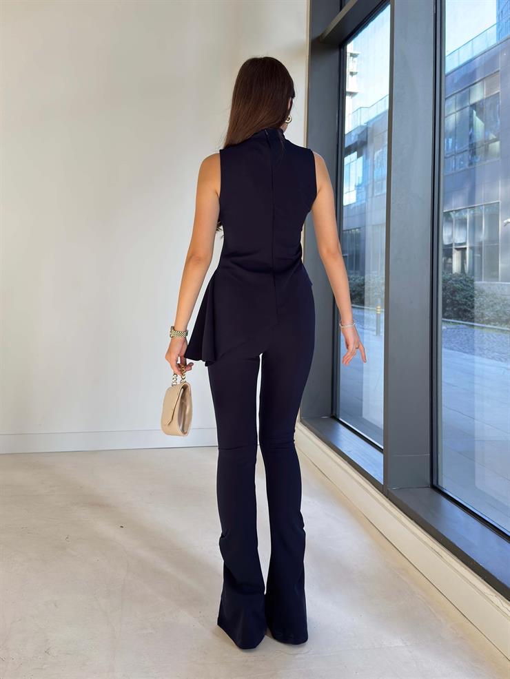 Asimetrik Kesim İspanyol Fırfırlı Paça Delrine Lacivert Kadın İkili Takım 26K288