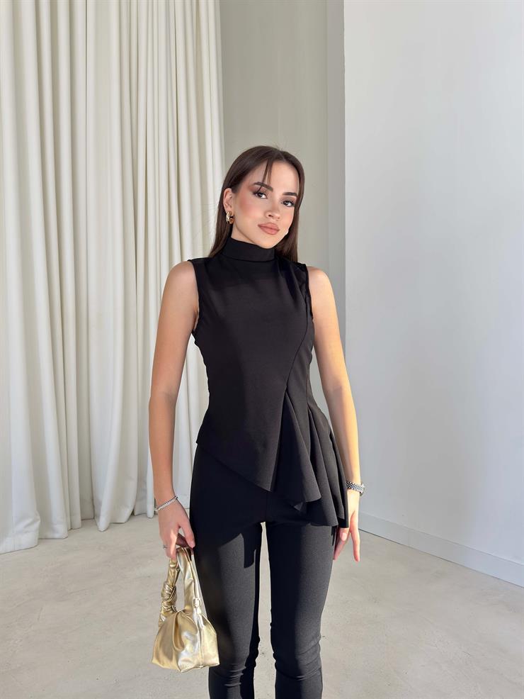 Asimetrik Kesim İspanyol Fırfırlı Paça Delrine Siyah Kadın İkili Takım 26K288