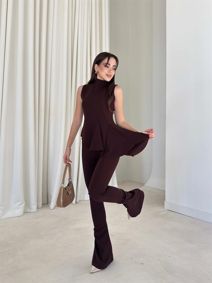 Asimetrik Kesim İspanyol Fırfırlı Paça Delrine Kahve Kadın İkili Takım 26K288