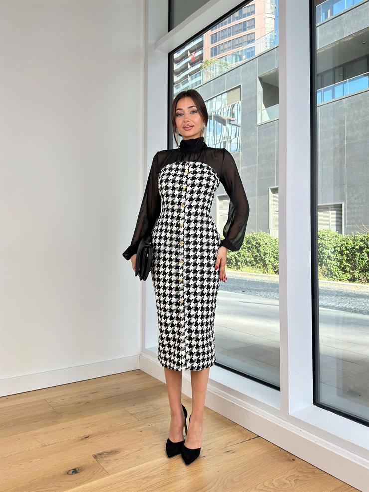 Balıkçı Yaka Tül Detalı Önü Düğme Detaylı Tüvit Delwin Siyah Midi Elbise 25K302