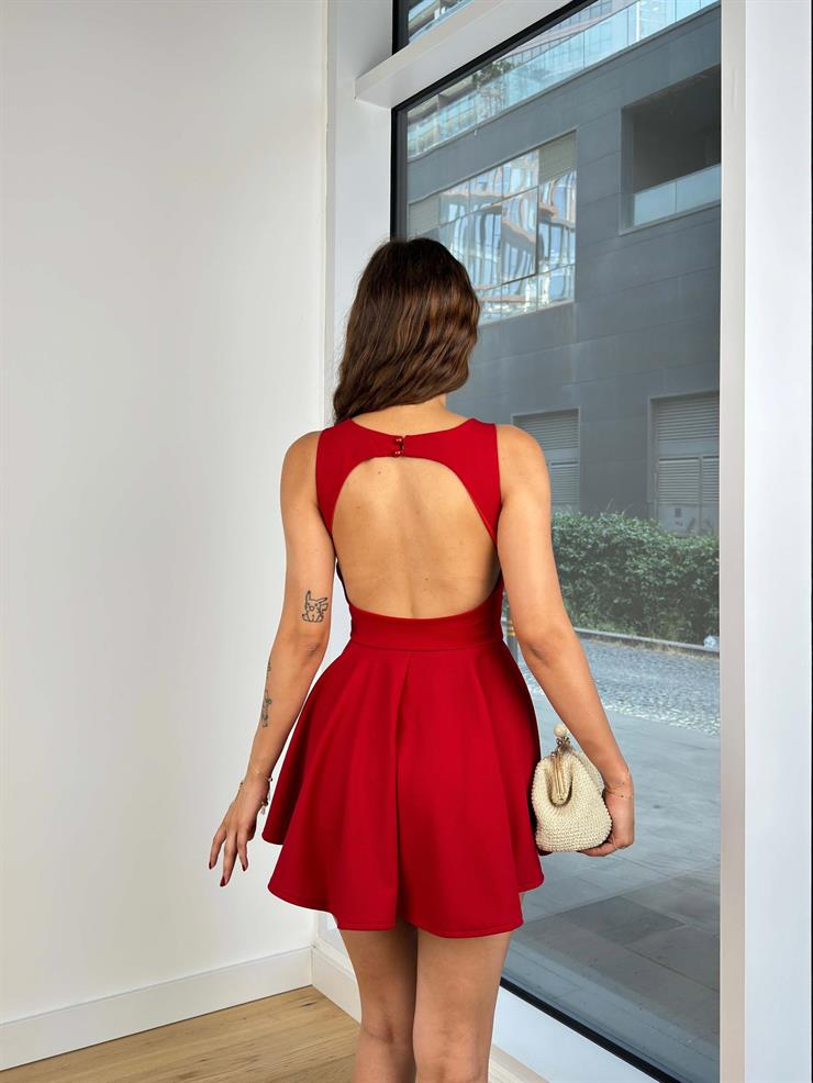 V Yaka Sırt Dekolteli Deni Kadın Kırmızı Mini Şort Elbise 24Y752