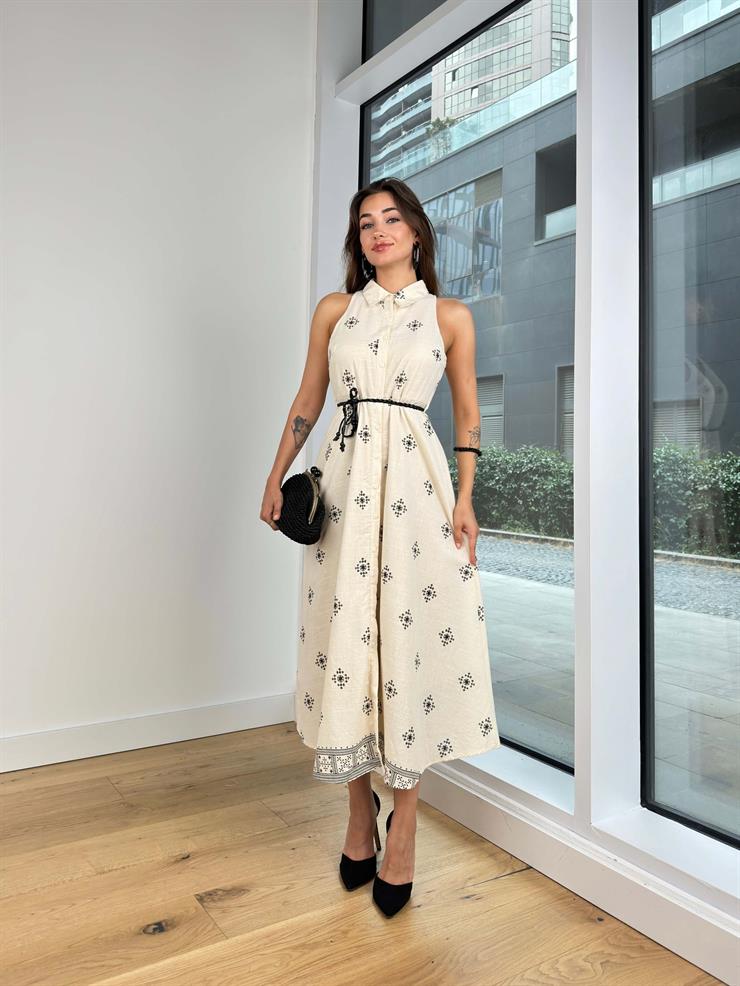 Kolsuz Gömlek Yaka Önü Düğmeli Belden Bağlamalı Denisa Kadın Bej Elbise 24Y797