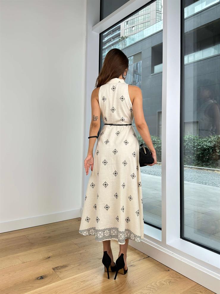 Kolsuz Gömlek Yaka Önü Düğmeli Belden Bağlamalı Denisa Kadın Bej Elbise 24Y797