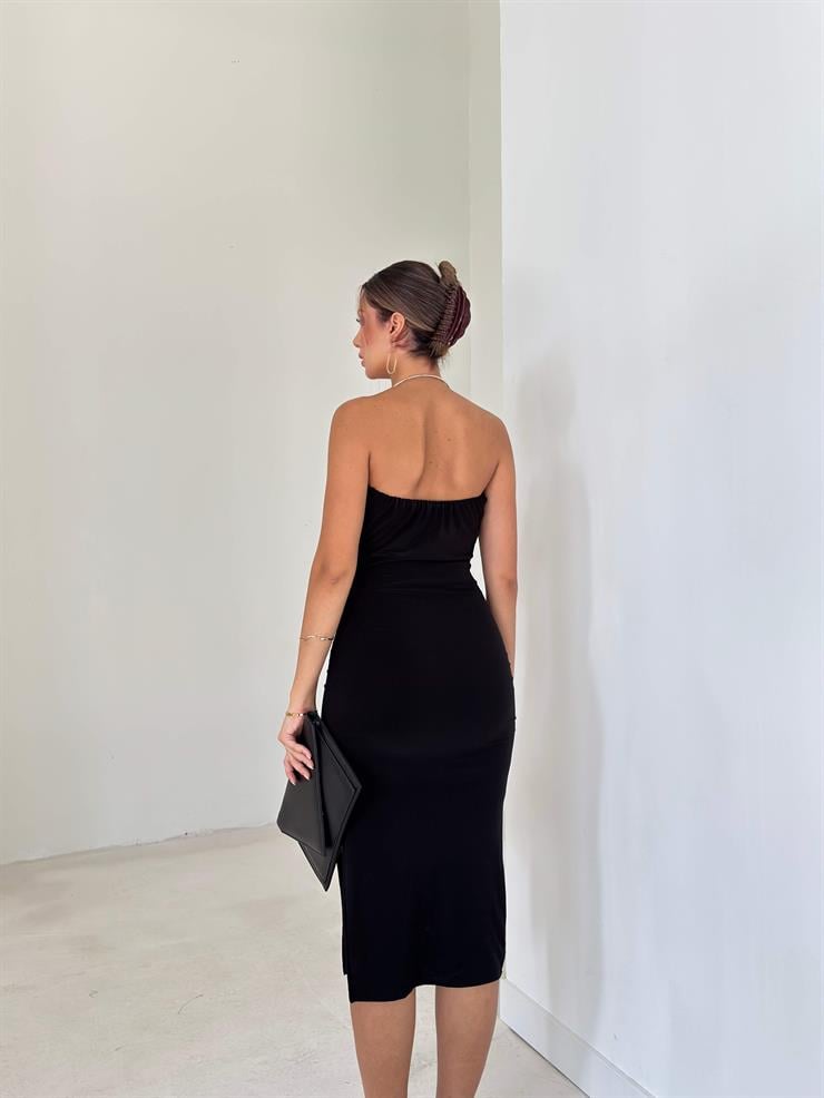 Boyundan Aksesuarlı Yandan Yırtmaçlı Midi Denli Siyah Kadın Elbise 26K086