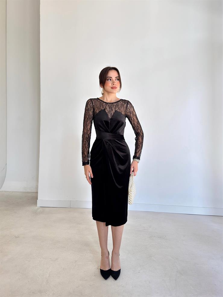 Kolları Dantel Kadife Kruvaze Kesim Denlı Siyah Kadın Elbise 26K356