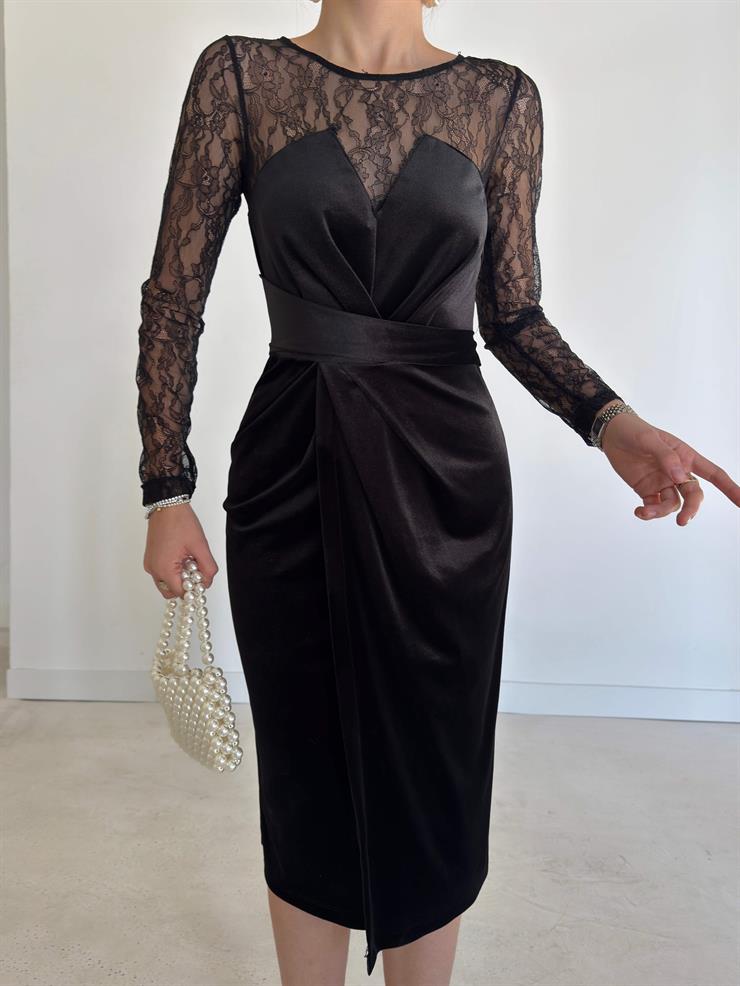 Kolları Dantel Kadife Kruvaze Kesim Denlı Siyah Kadın Elbise 26K356