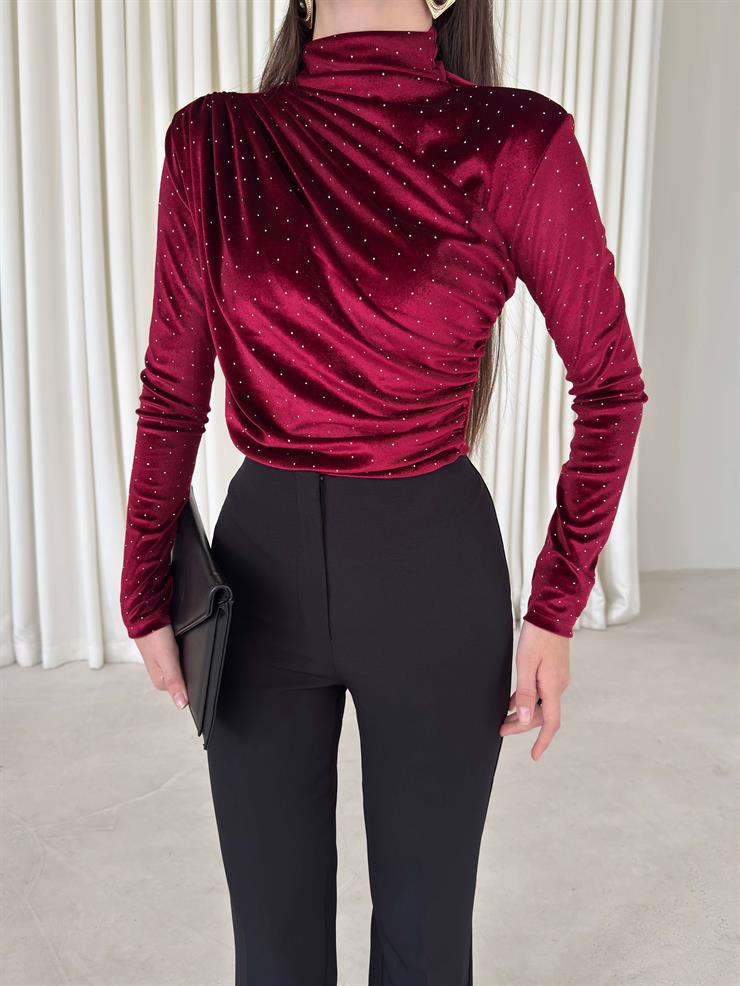 Taşlı Boğazlı Drape Detaylı Kadife Denlida Bordo Kadın Bluz 26K341