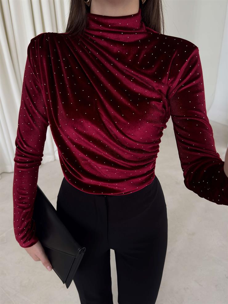 Taşlı Boğazlı Drape Detaylı Kadife Denlida Bordo Kadın Bluz 26K341