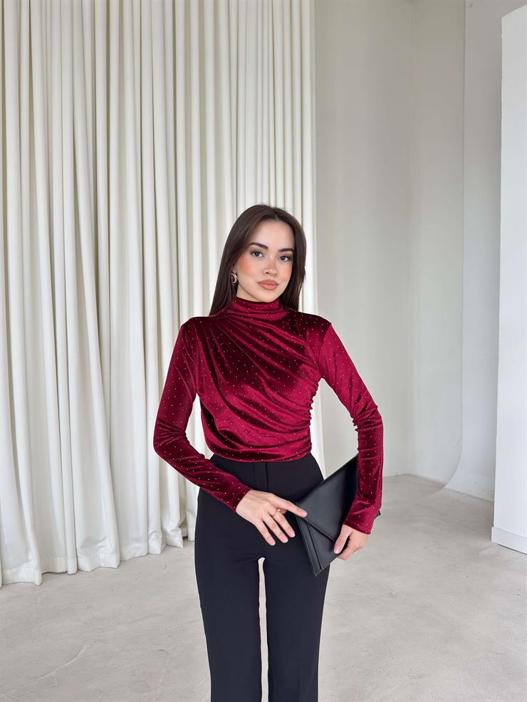 Taşlı Boğazlı Drape Detaylı Kadife Denlida Bordo Kadın Bluz 26K341