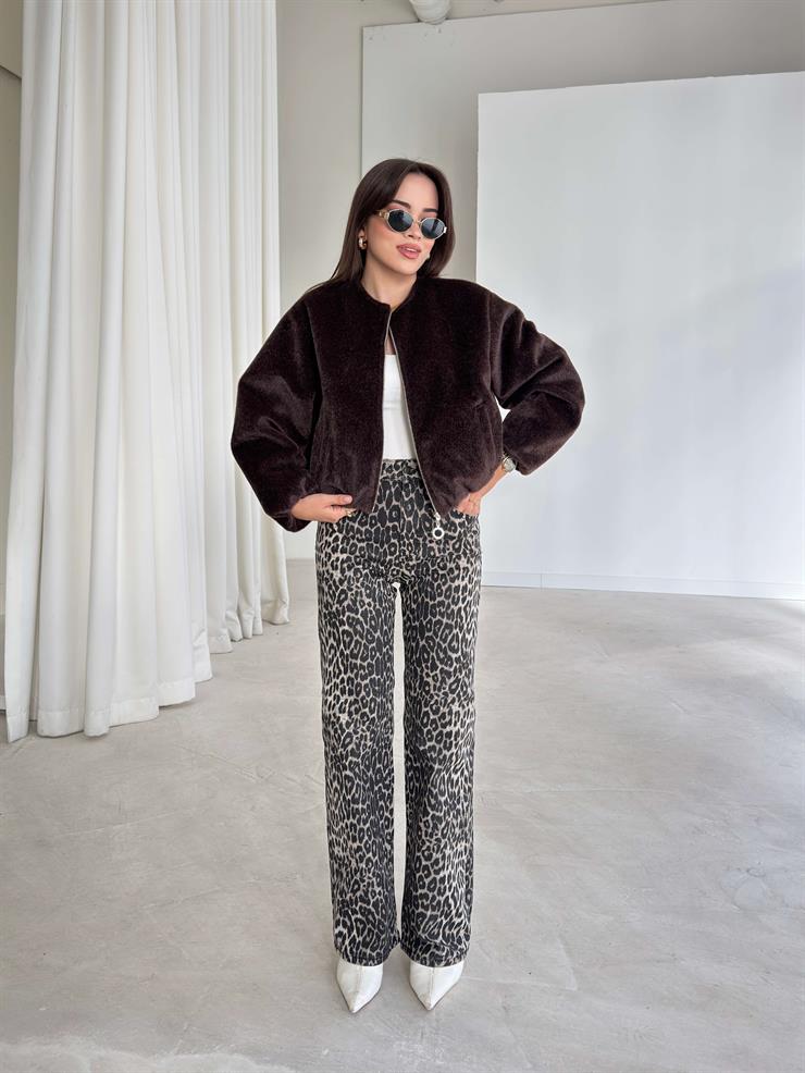 Yüksek Bel Bol Paça Dereke Leopar Kadın Pantolon 26K222