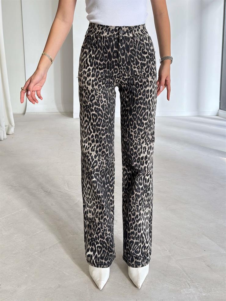 Yüksek Bel Bol Paça Dereke Leopar Kadın Pantolon 26K222