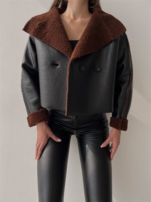 Vegan Deri İçi Tüylü Çift Düğmeli Kadın Kahverengi  Mont 22K000141