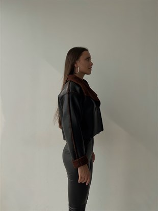 Vegan Deri İçi Tüylü Çift Düğmeli Kadın Kahverengi  Mont 22K000141