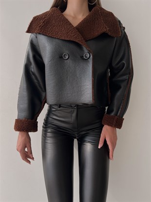 Vegan Deri İçi Tüylü Çift Düğmeli Kadın Kahverengi  Mont 22K000141