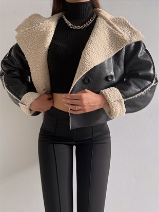 Vegan Deri İçi Tüylü Çift Düğmeli Kadın Siyah Mont 22K000141