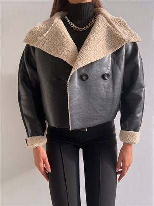 Vegan Deri İçi Tüylü Çift Düğmeli Kadın Siyah Mont 22K000141