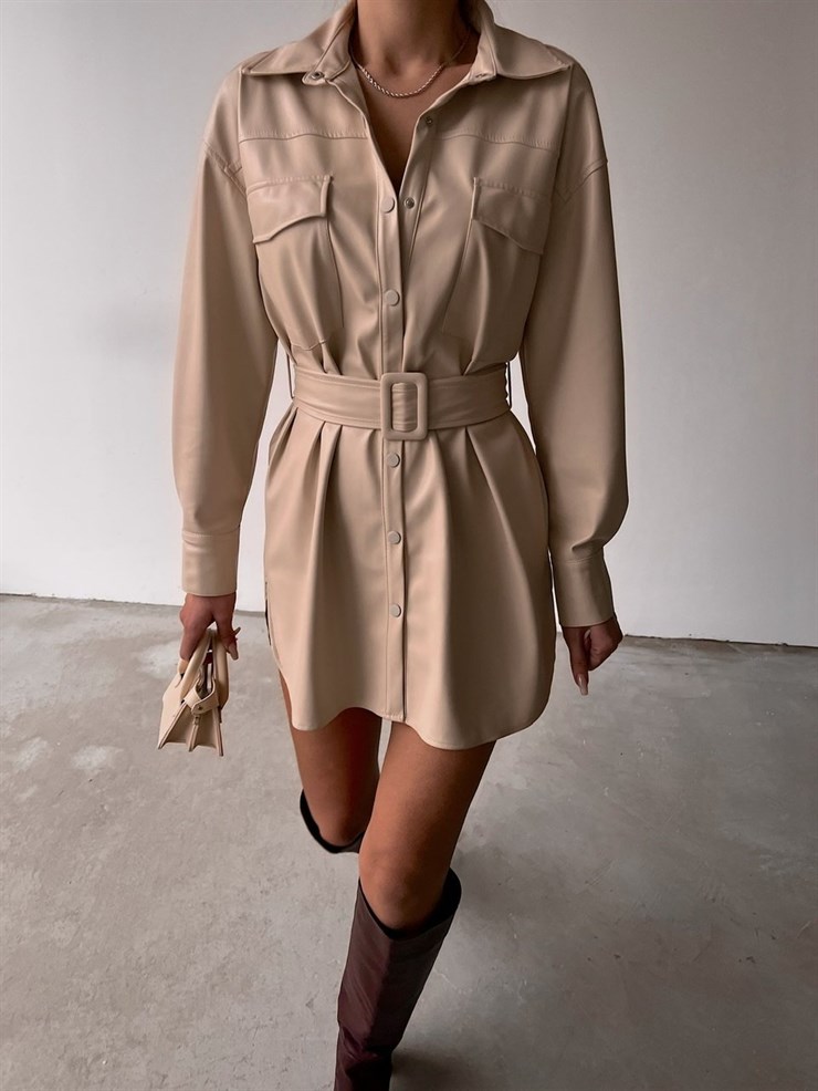 Deri Önden Çıtçıtlı Beli Kemerli Aletta Kadın Taş Elbise 22K000443