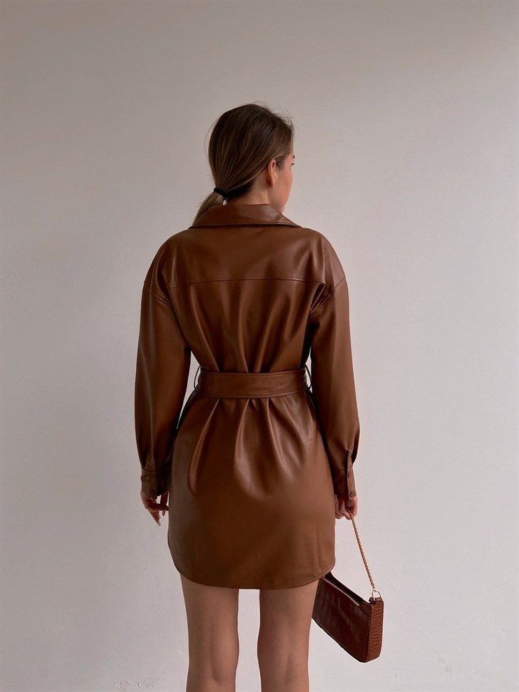 Deri Önden Çıtçıtlı Beli Kemerli Aletta Kadın Kahverengi Elbise 22K000443