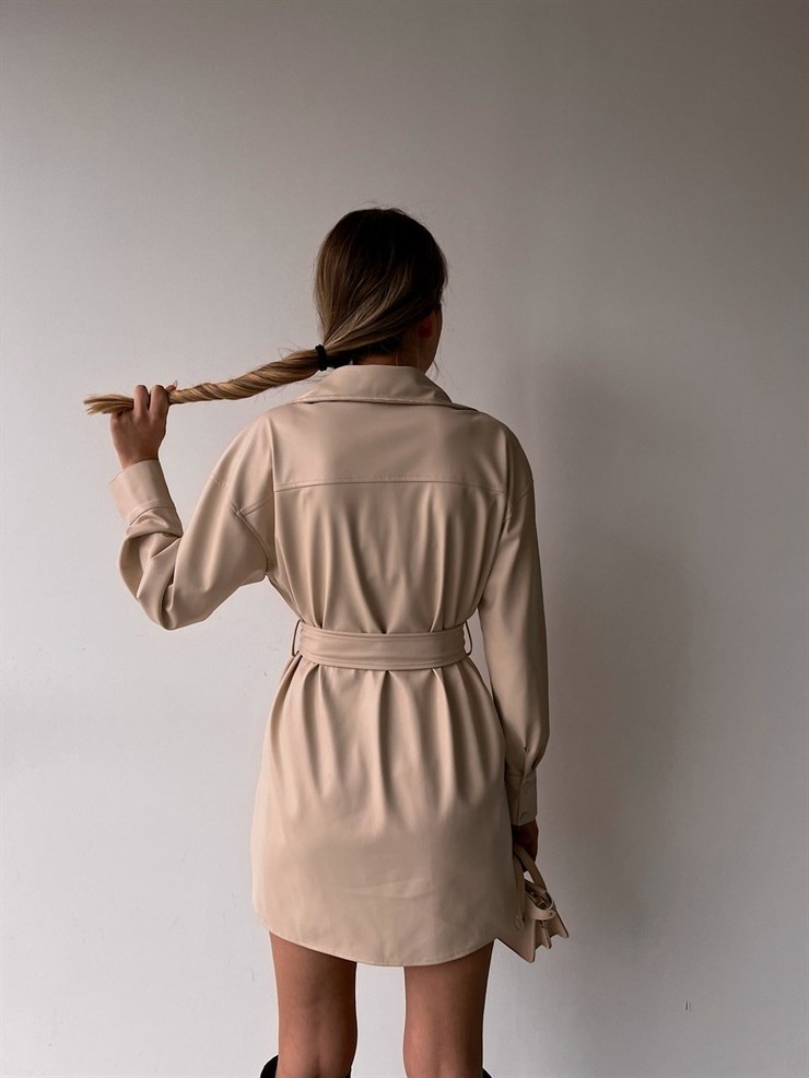 Deri Önden Çıtçıtlı Beli Kemerli Aletta Kadın Taş Elbise 22K000443