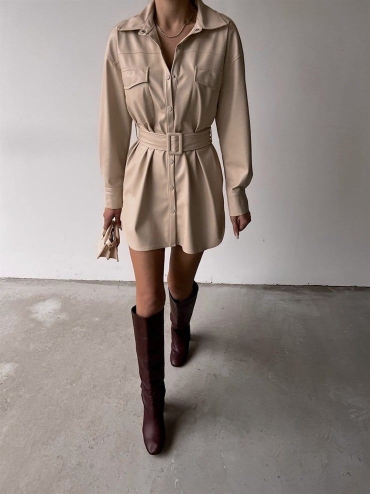 Deri Önden Çıtçıtlı Beli Kemerli Aletta Kadın Taş Elbise 22K000443