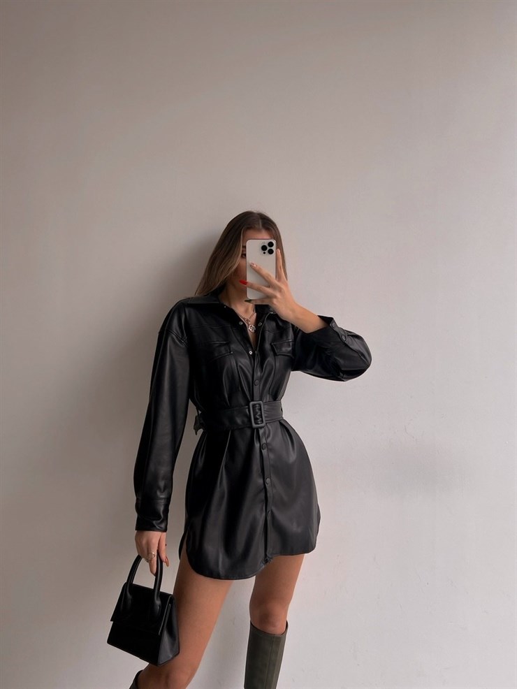 Deri Önden Çıtçıtlı Beli Kemerli Aletta Kadın Siyah Elbise 22K000443