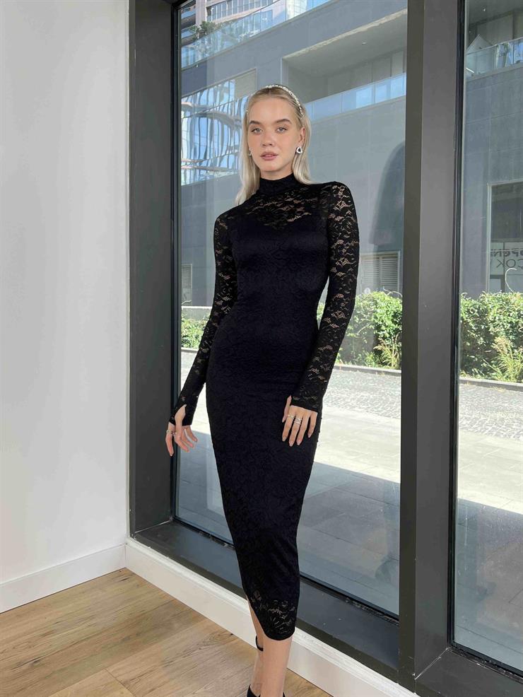 Boğazlı Uzun Kollu Derian Kadın Siyah Dantelli Elbise 24k212