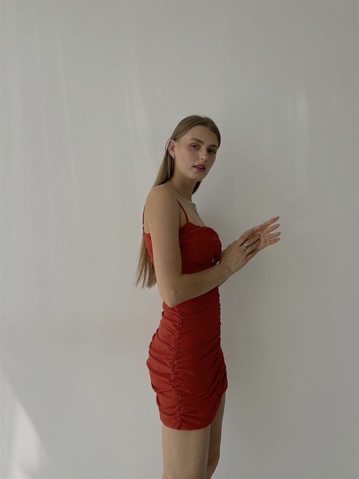 Derin Dekolte Taş Detay Drapeli Ayarlanabilir Askı Mini Tobia Kadın Kiremit Elbise 22Y000517