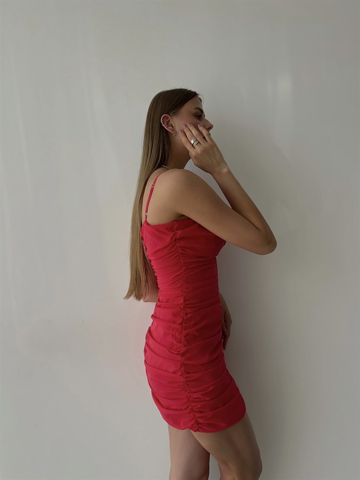 Derin Dekolte Taş Detay Drapeli Ayarlanabilir Askı Mini Tobia Kadın Kırmızı Elbise 22Y000517