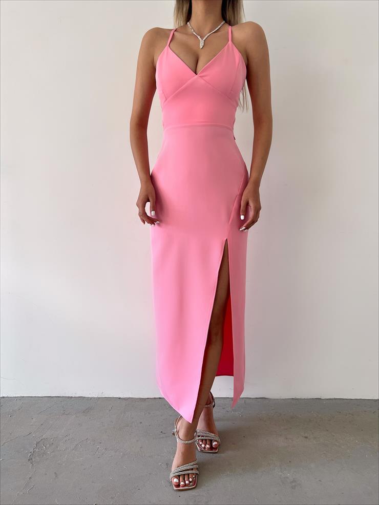 Derin V Yaka Askılı Arkadan Bağlama Detaylı Leni Kadın Pembe Midi Elbise 23Y000142