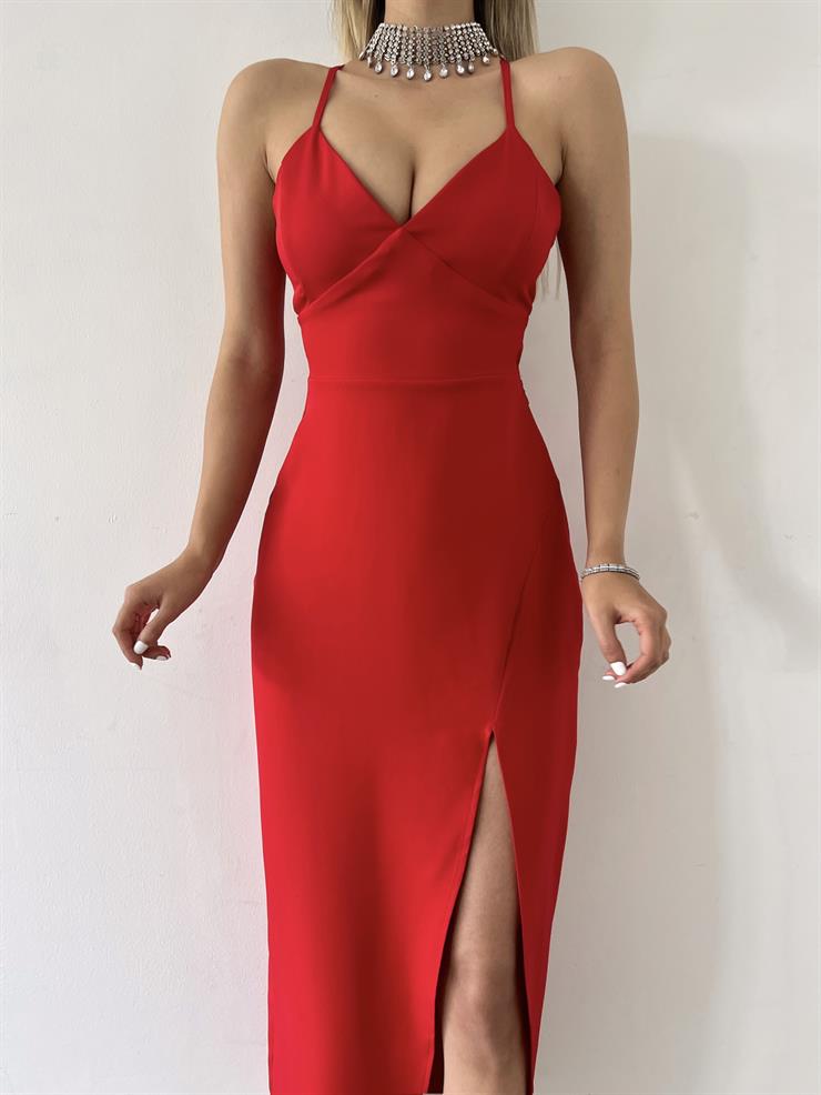 Derin V Yaka Askılı Arkadan Bağlama Detaylı Leni Kadın Kırmızı Midi Elbise 23Y000142