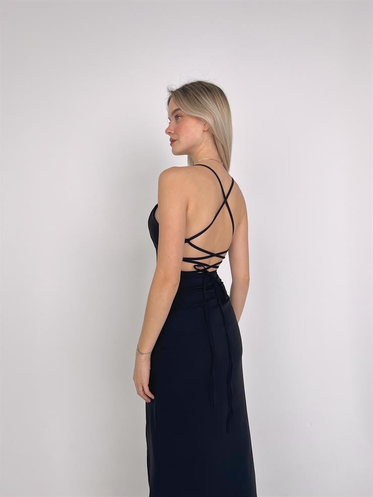 Derin V Yaka Askılı Arkadan Bağlama Detaylı Leni Kadın Siyah Midi Elbise 23Y000142