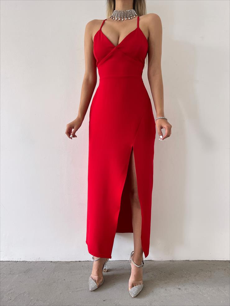 Derin V Yaka Askılı Arkadan Bağlama Detaylı Leni Kadın Kırmızı Midi Elbise 23Y000142