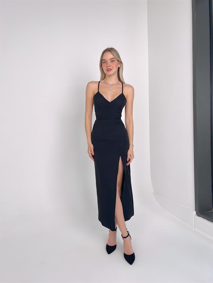 Derin V Yaka Askılı Arkadan Bağlama Detaylı Leni Kadın Siyah Midi Elbise 23Y000142