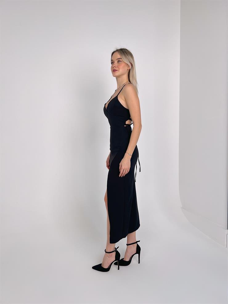 Derin V Yaka Askılı Arkadan Bağlama Detaylı Leni Kadın Siyah Midi Elbise 23Y000142