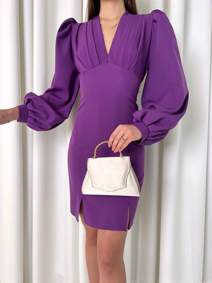 Derin V Yaka Belden Oturtmalı Arkadan Kuşaklı Gale Kadın Mor Elbise 23K000450