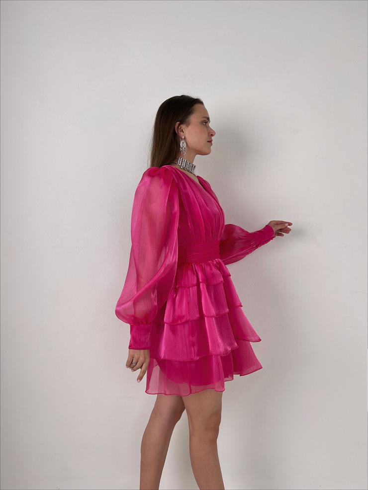 Derin V Yaka Belden Oturtmalı Tül Kol Crown Kadın Pembe Fırfırlı Elbise 23K000314