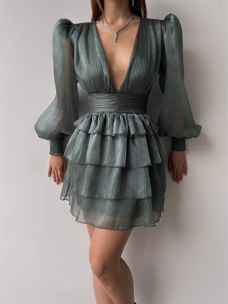 Derin V Yaka Belden Oturtmalı Tül Kol Crown Kadın Haki Fırfırlı Elbise 23K000314