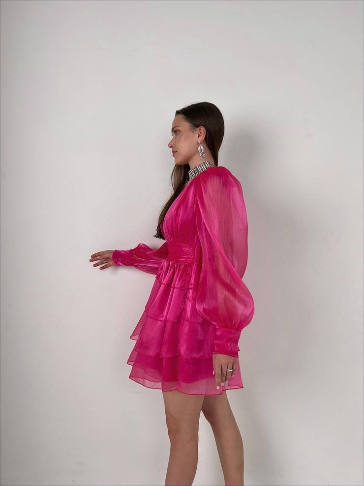 Derin V Yaka Belden Oturtmalı Tül Kol Crown Kadın Pembe Fırfırlı Elbise 23K000314