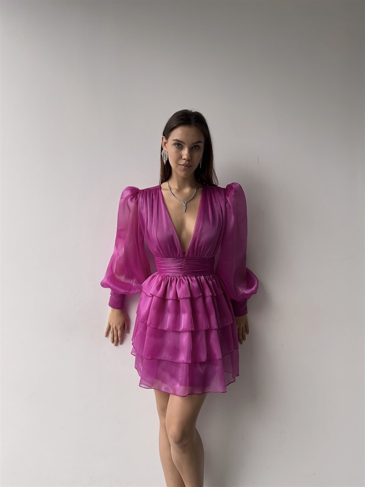 Derin V Yaka Belden Oturtmalı Tül Kol Crown Kadın Fuşya Fırfırlı Elbise 23K000314