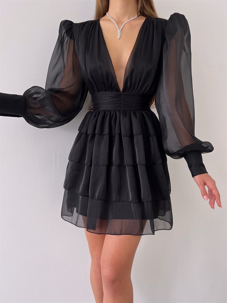 Derin V Yaka Belden Oturtmalı Tül Kol Crown Kadın Siyah Fırfırlı Elbise 23K000314