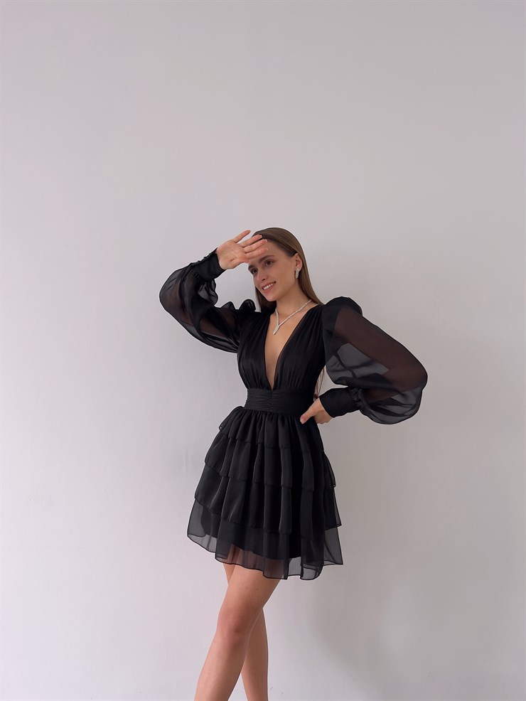 Derin V Yaka Belden Oturtmalı Tül Kol Crown Kadın Siyah Fırfırlı Elbise 23K000314