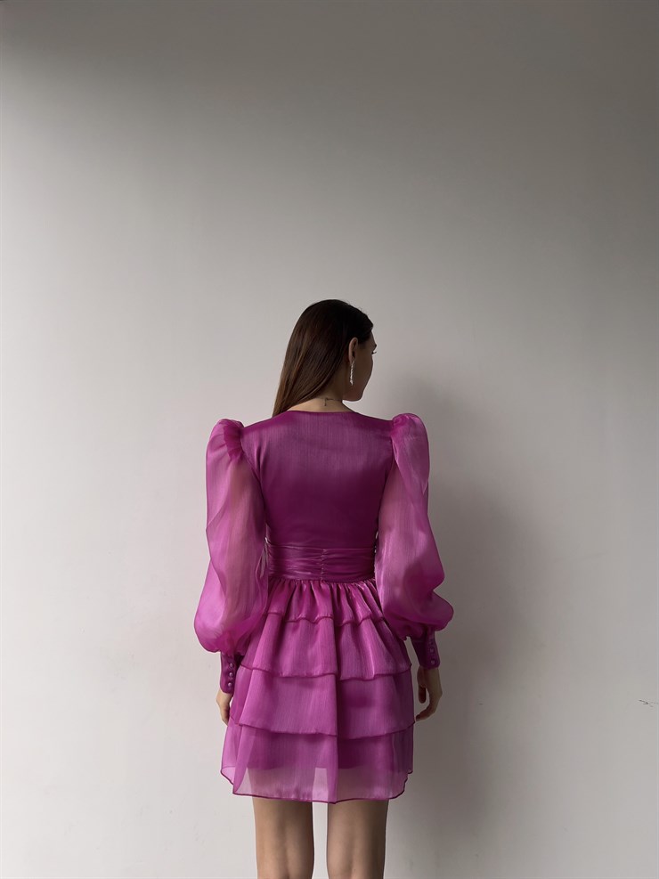 Derin V Yaka Belden Oturtmalı Tül Kol Crown Kadın Fuşya Fırfırlı Elbise 23K000314