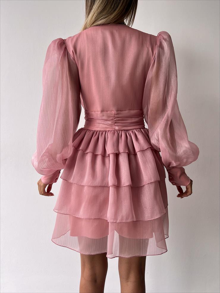 Derin V Yaka Belden Oturtmalı Tül Kol Crown Kadın Pudra Fırfırlı Elbise 23K000314