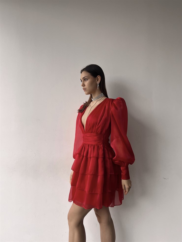 Derin V Yaka Belden Oturtmalı Tül Kol Crown Kadın Kırmızı Fırfırlı Elbise 23K000314