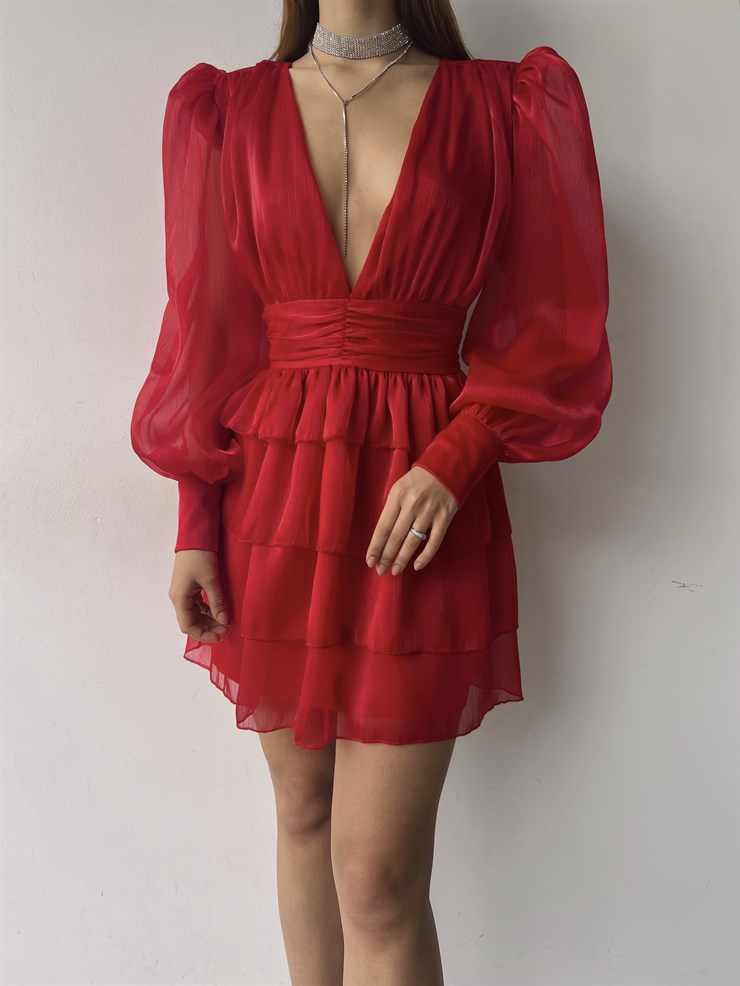 Derin V Yaka Belden Oturtmalı Tül Kol Crown Kadın Kırmızı Fırfırlı Elbise 23K000314