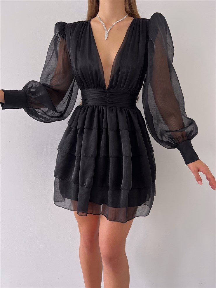 Derin V Yaka Belden Oturtmalı Tül Kol Crown Kadın Siyah Fırfırlı Elbise 23K000314